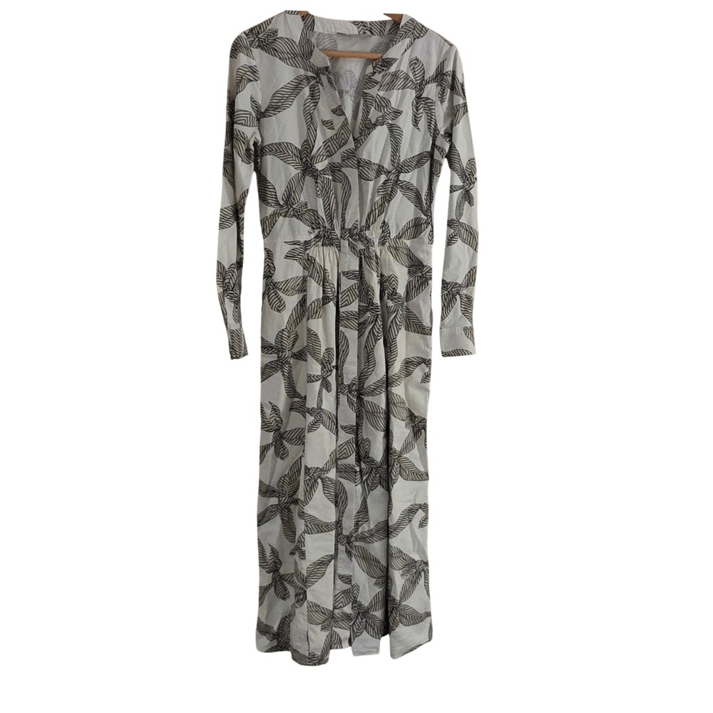 LOFT Womens XS White Brown Leaf Print Long Sleeve Cotton Modal Maxi Dress